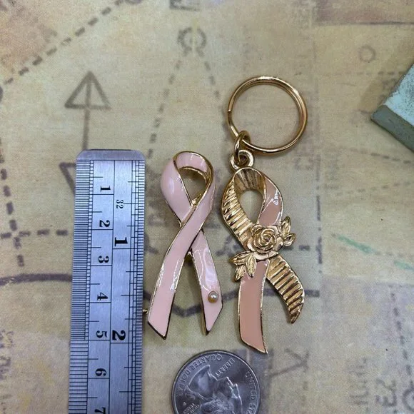 Pink Ribbon Gold Breast Cancer Awareness Brooch Pin & Key Chain Avon & Latasia - Picture 2 of 6